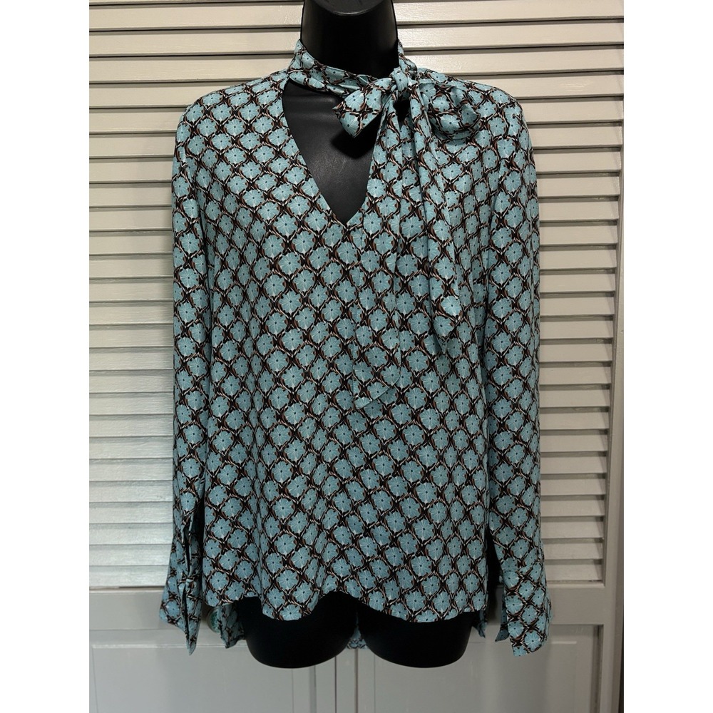 Chelsea‎ 28 Teal/Brown Floral Chiffon Tie Long Sleeve Button Up Blouse Size XS